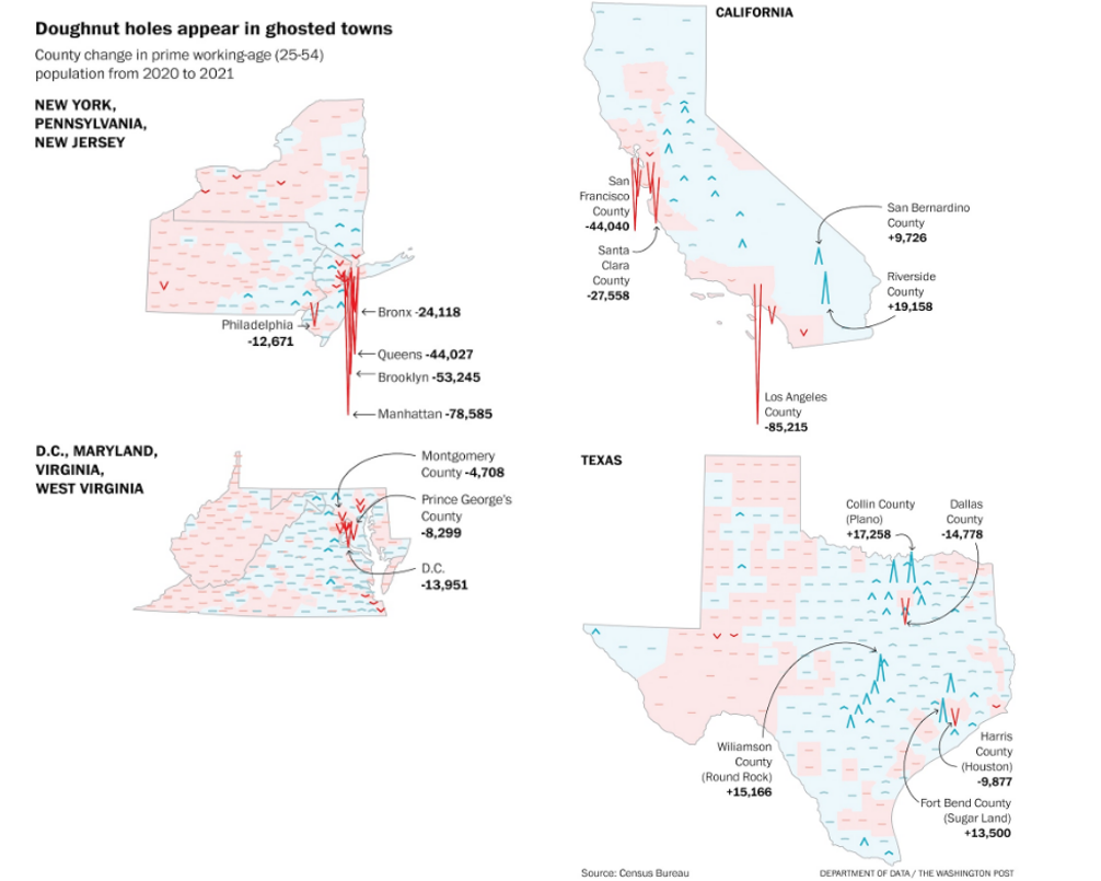 Map zooming into a few large metro area showing change by county between 2020-21 in working population